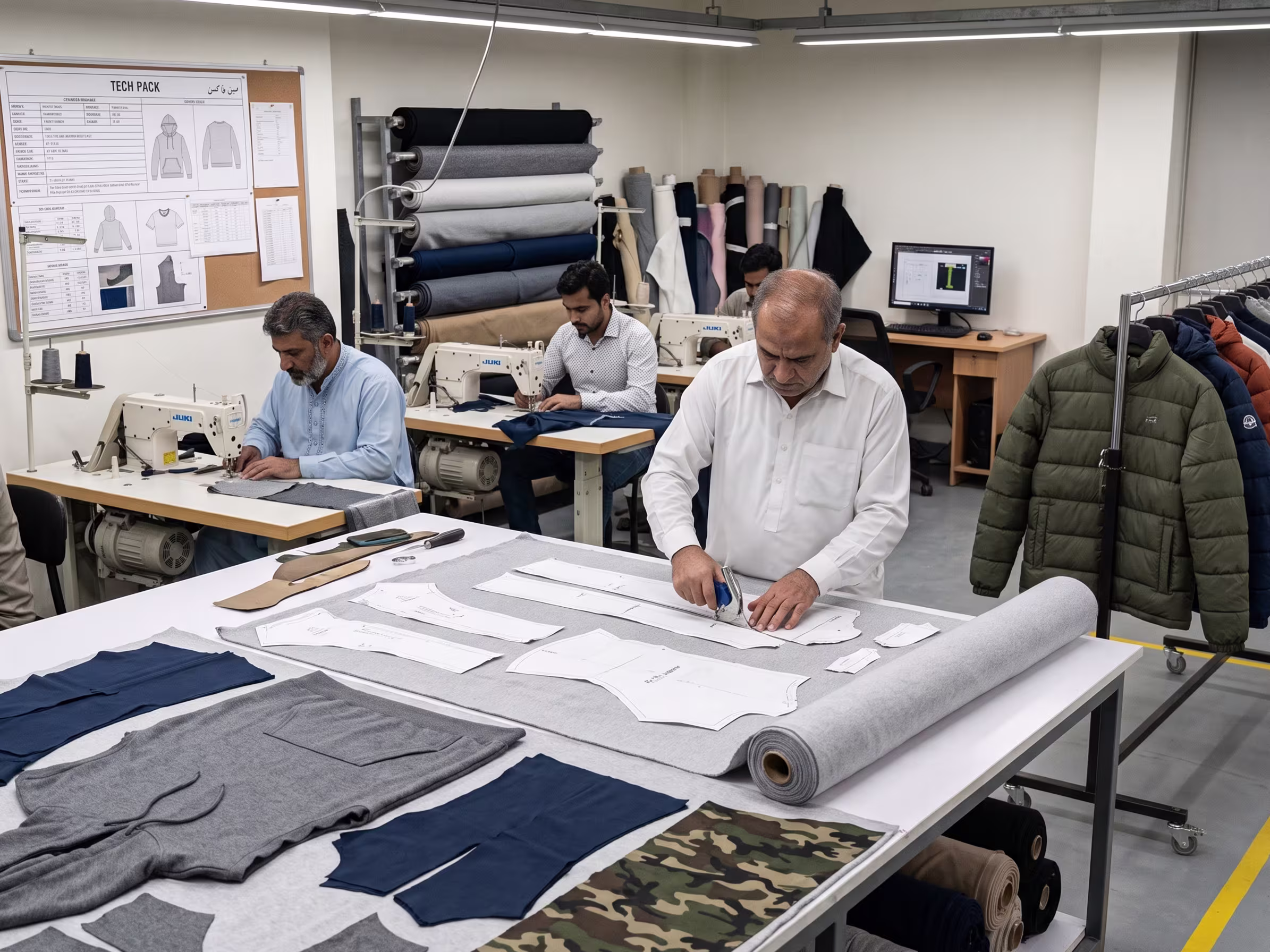 Garment master cutting patterns on a cutting table in Samorts Manufacturer apparel production facility.