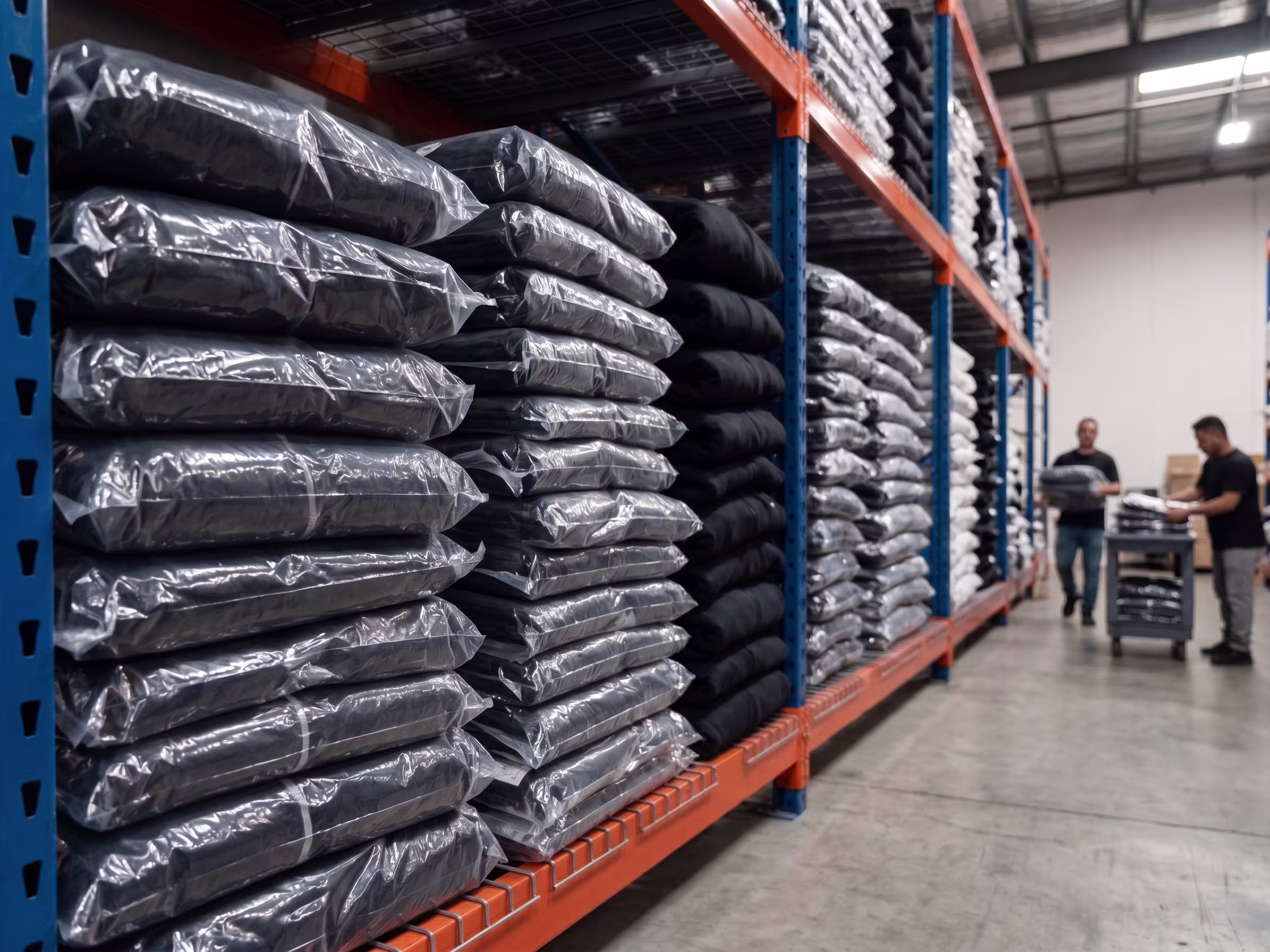 Warehouse pallets stacked with packaged ready to ship blank wholesale garments by Samorts Manufacturer.